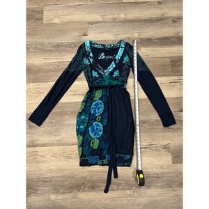 Desigual Women's XS Blue Floral Long Sleeve Tie Waist Dress with pockets!